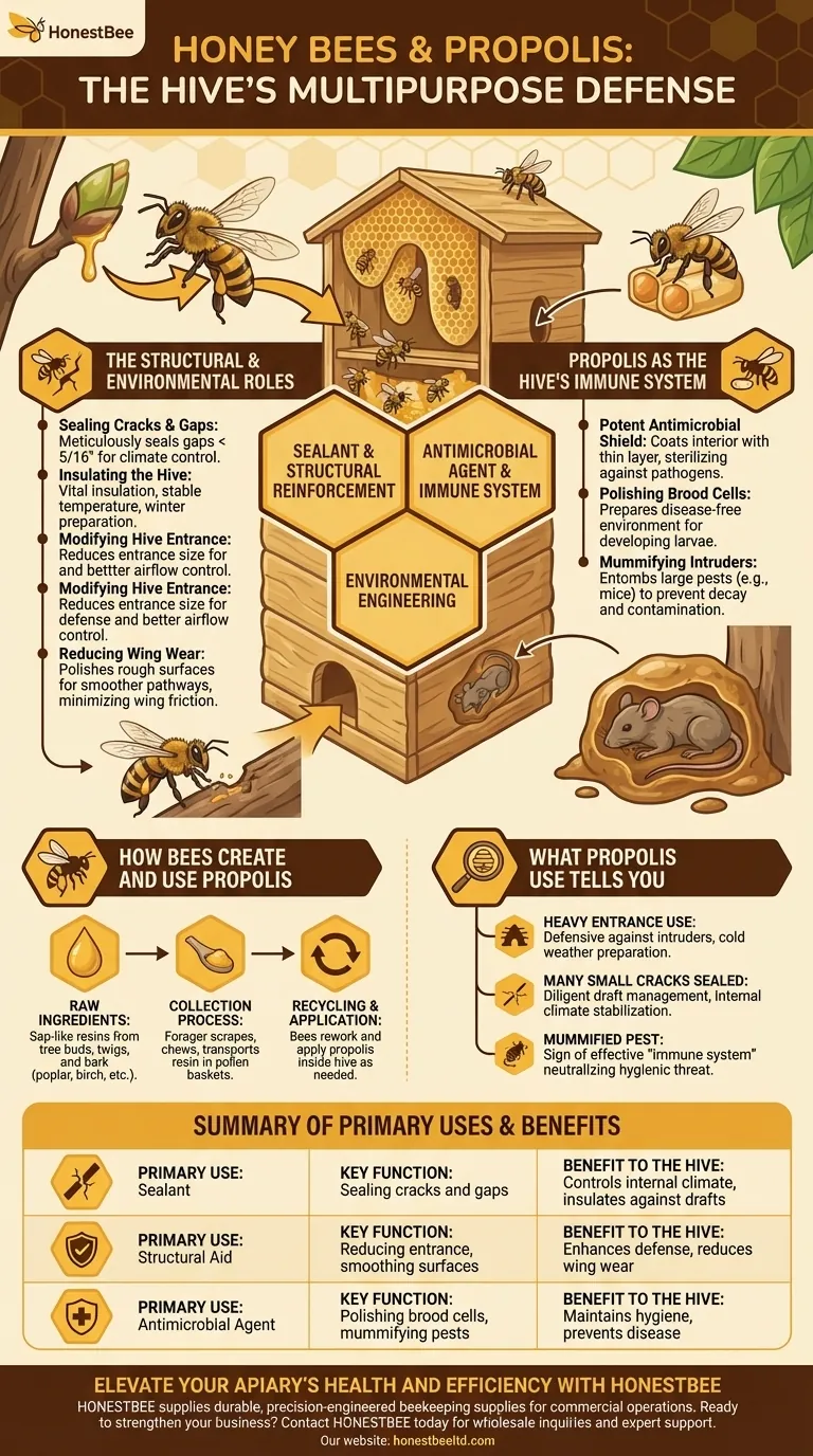 꿀벌이 프로폴리스를 사용하는 용도는 무엇인가요? 벌집의 다기능 건축 자재 시각적 가이드