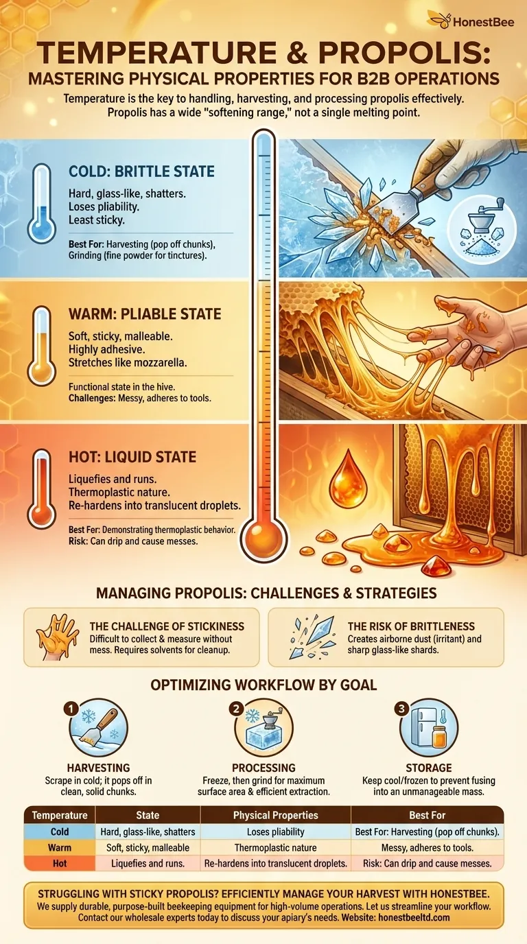 온도는 프로폴리스의 특성에 어떻게 영향을 미치나요? 효율적인 채집을 위해 그 상태를 파악하세요 시각적 가이드
