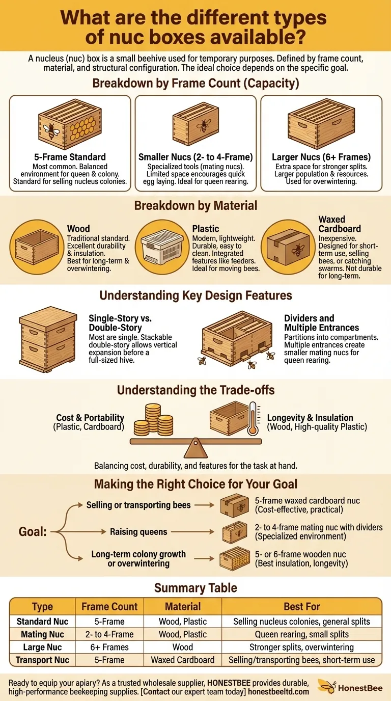 사용 가능한 핵군 상자(nuc box)의 종류는 무엇인가요? 양봉 목표에 맞는 올바른 상자를 선택하세요 시각적 가이드