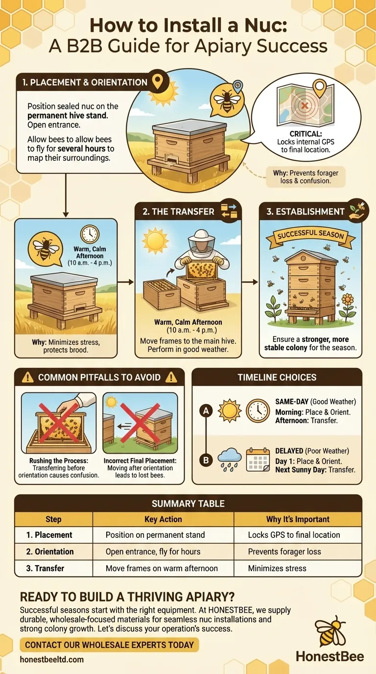 How should the nuc be installed in the apiary? Ensure Colony Success from Day One Visual Guide