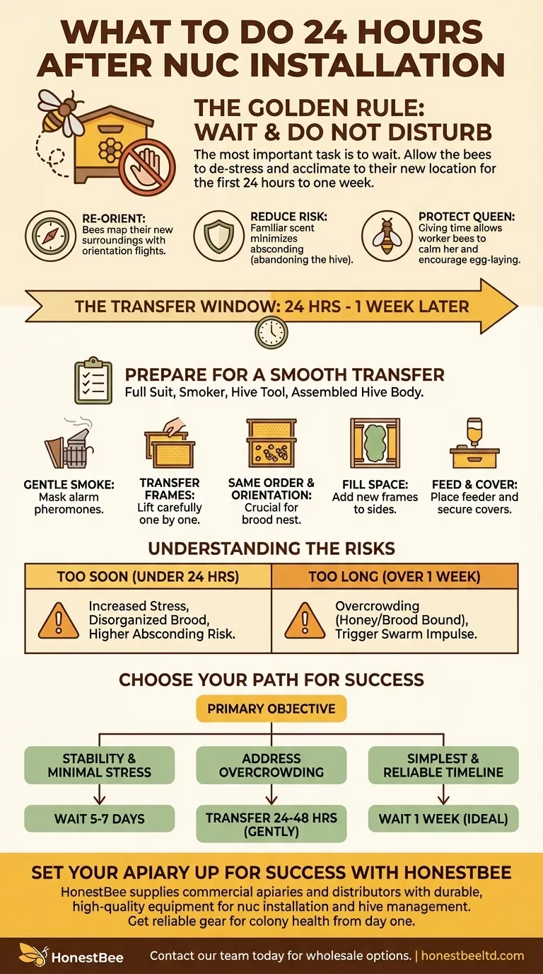 What should be done 24 hours after installing the nuc? The Key to a Thriving Hive is Patience Visual Guide