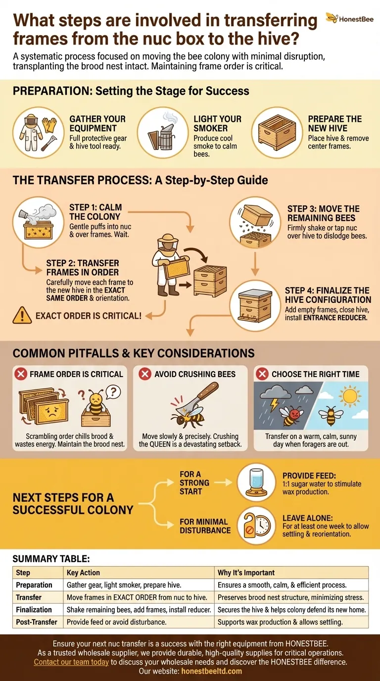 Quali sono i passaggi coinvolti nel trasferimento dei telaini dalla cassetta nuc all'arnia? Una guida per uno spostamento della colonia fluido e a basso stress Guida Visiva