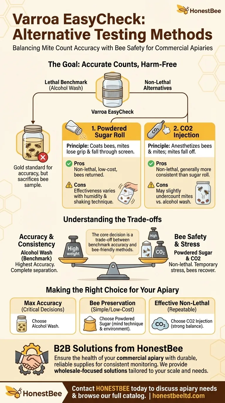 What alternative methods to alcohol wash were tested with Varroa EasyCheck? Discover Non-Lethal Varroa Mite Monitoring Visual Guide