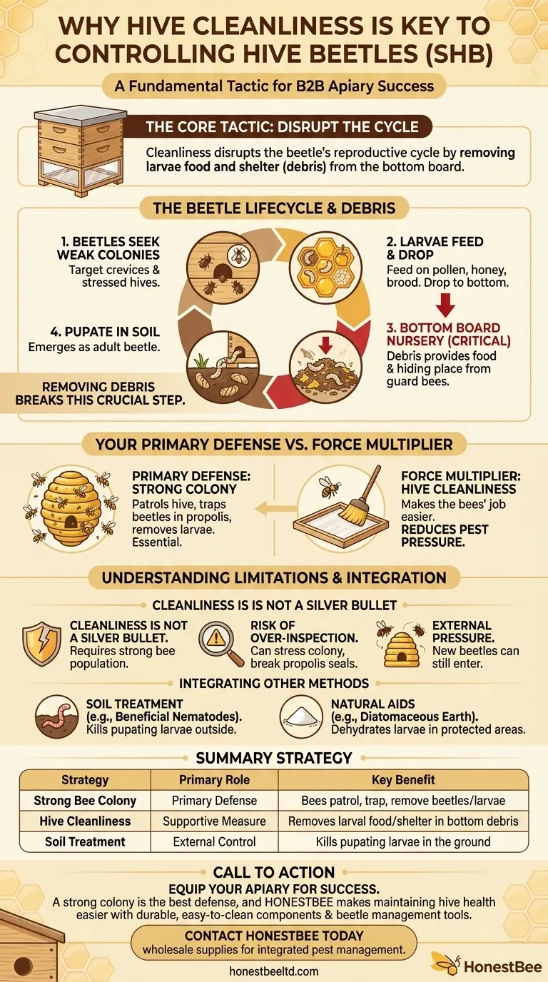 Warum ist die Aufrechterhaltung der Sauberkeit im Bienenstock wichtig für die Bekämpfung von Bienenstockkäfern? Eine wichtige Unterstützung für starke Bienenvölker Visuelle Anleitung