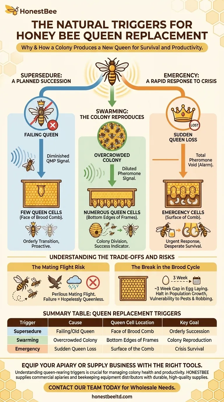 What are the natural triggers for a honey bee colony to produce a new queen? Understand Supersedure, Swarming & Emergency Visual Guide