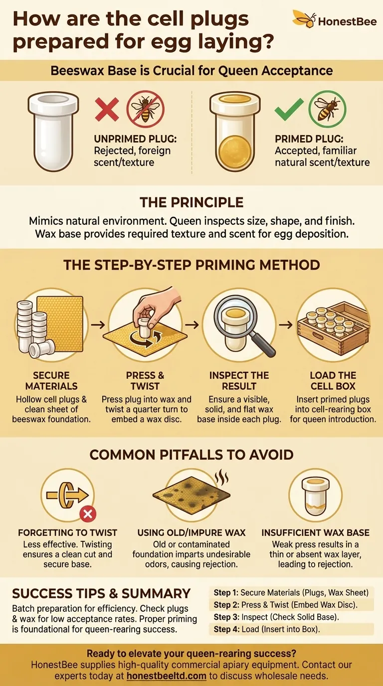 How are the cell plugs prepared for egg laying? Prime with Wax for Maximum Queen Acceptance Visual Guide