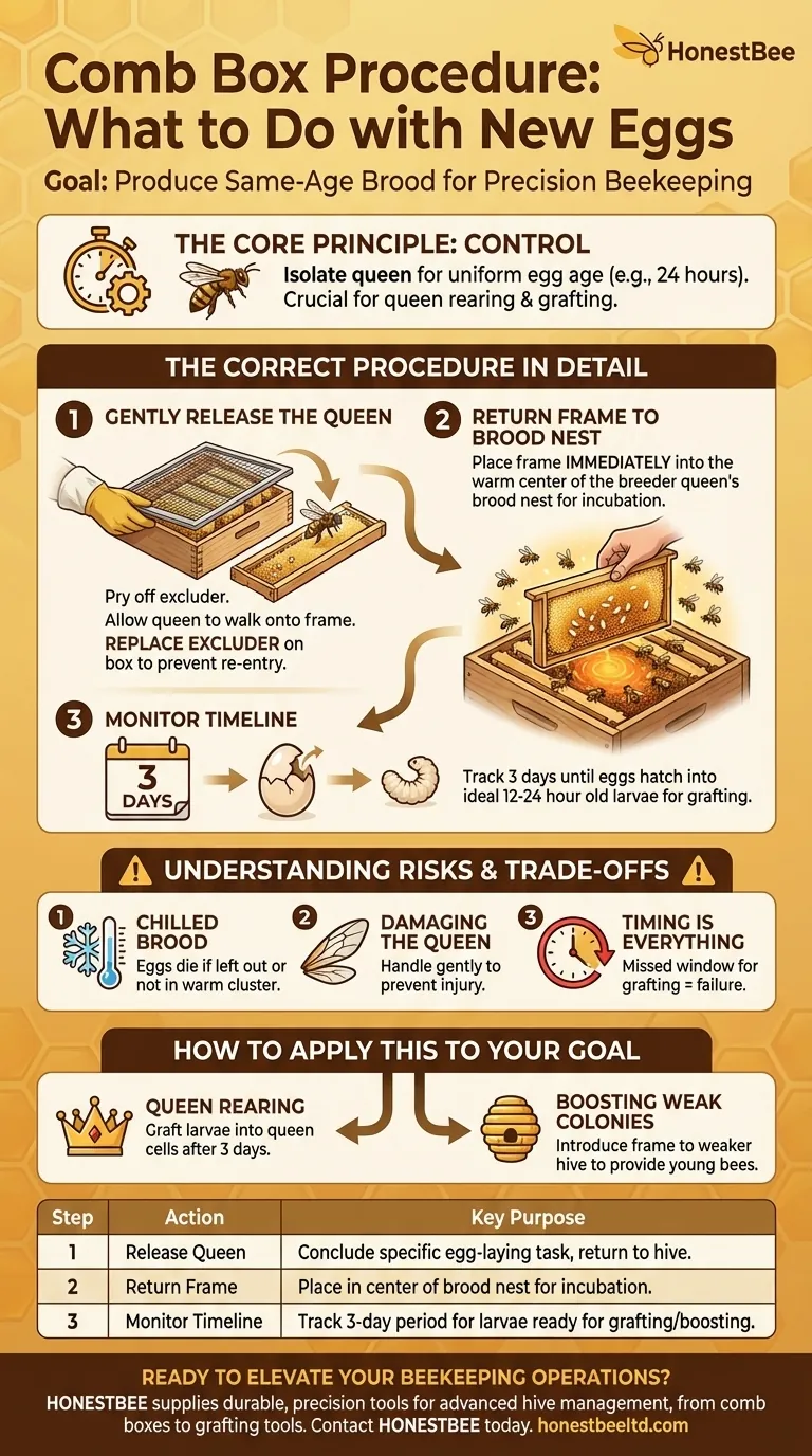What should be done once eggs are present in the comb box? A Guide to Maximizing Queen Rearing Success Visual Guide