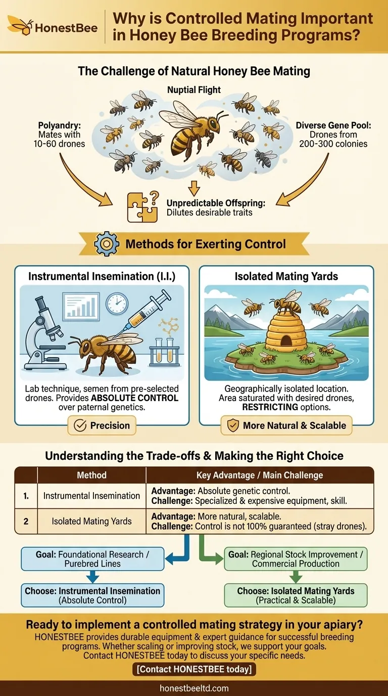 Why is controlled mating important in honey bee breeding programs? Achieve Predictable Genetic Improvement Visual Guide