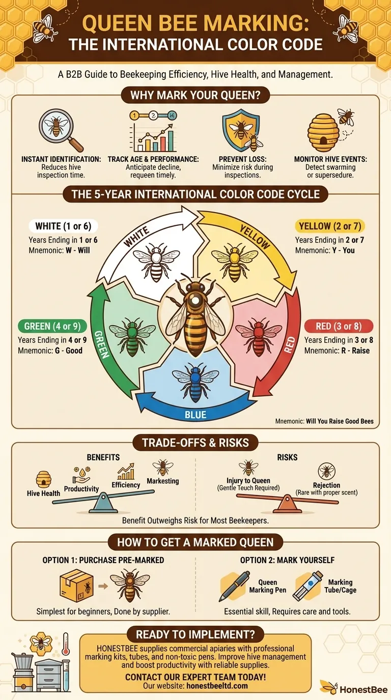 Qual é o código de cores para marcar abelhas rainhas com base no ano? Acompanhe a Idade da Rainha e a Saúde da Colmeia Guia Visual