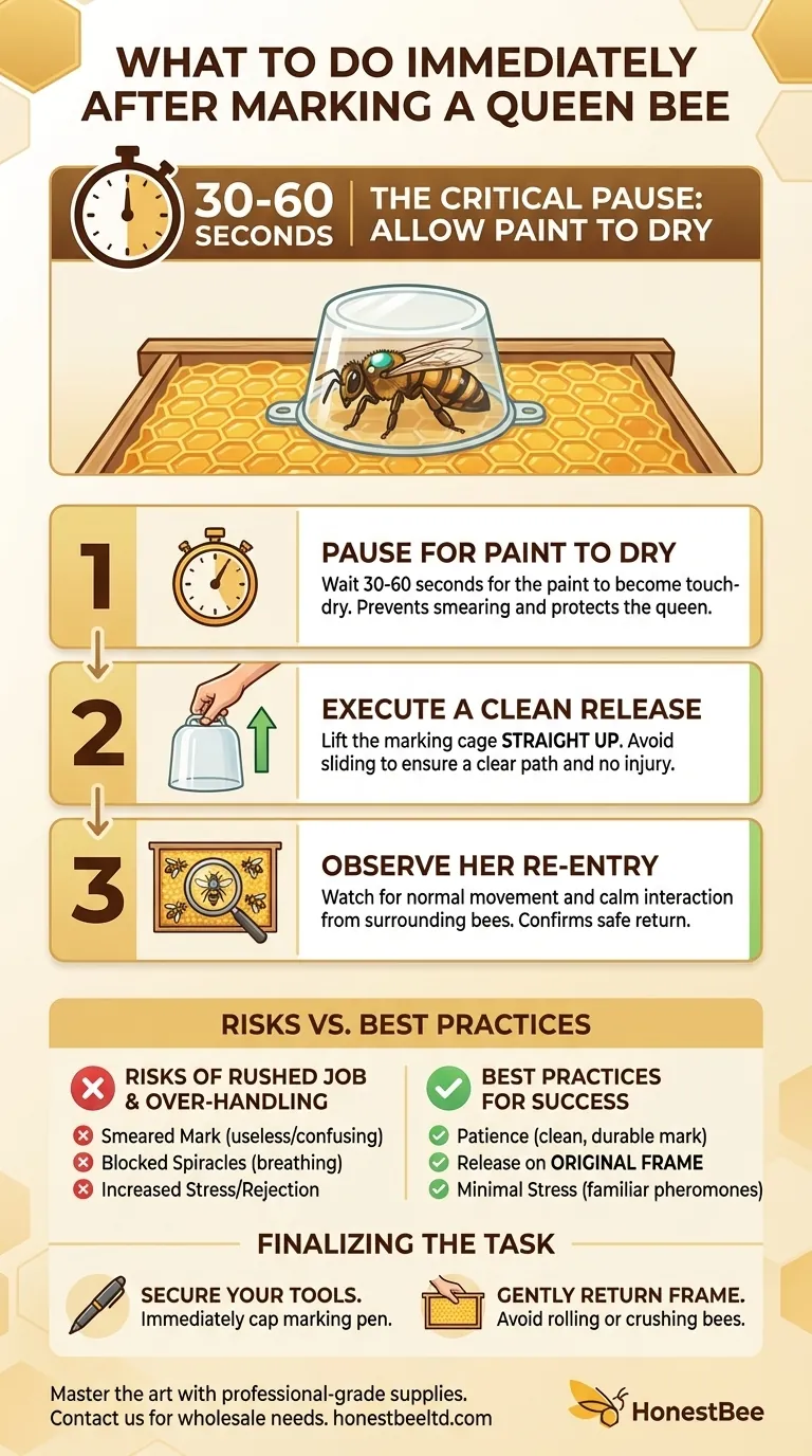 What should you do immediately after marking a bee? Ensure a Clean, Durable Mark with This Key Step Visual Guide