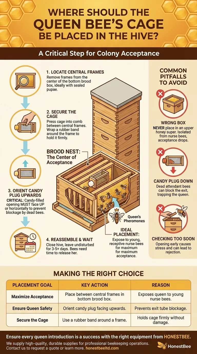 Where should the queen bee's cage be placed in the hive? Maximize Acceptance in the Brood Nest Visual Guide