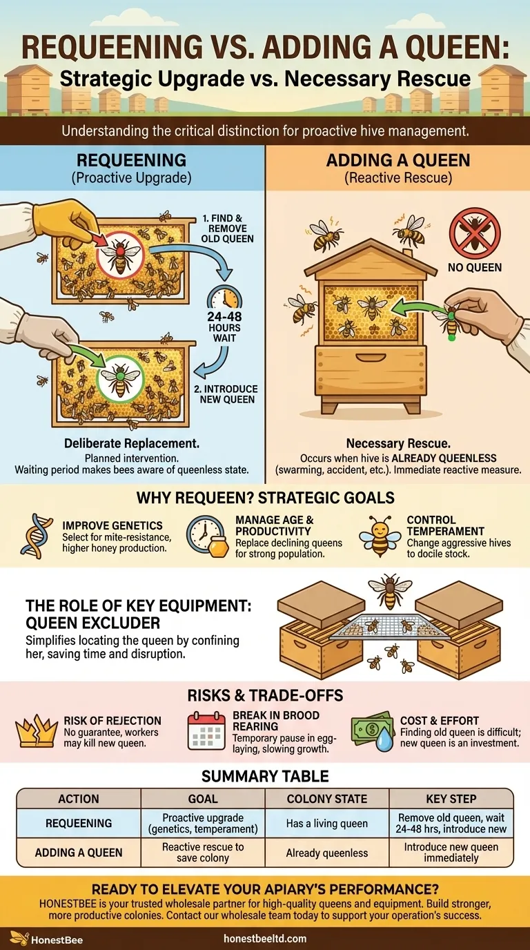 What is requeening and how does it differ from adding a queen? Proactive vs. Reactive Hive Management Visual Guide