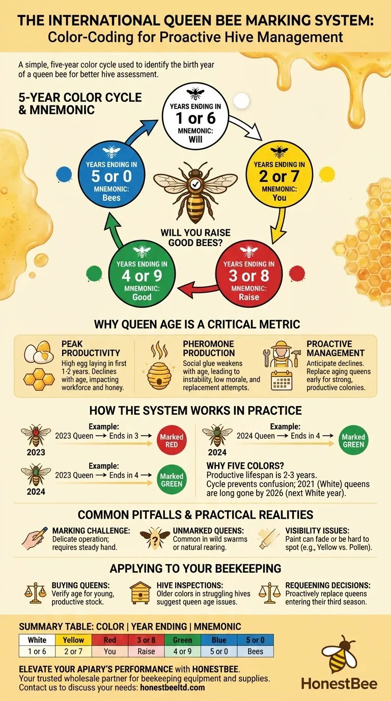 What is the color-coding system for queen marking and how does it work? Master Hive Management Visual Guide