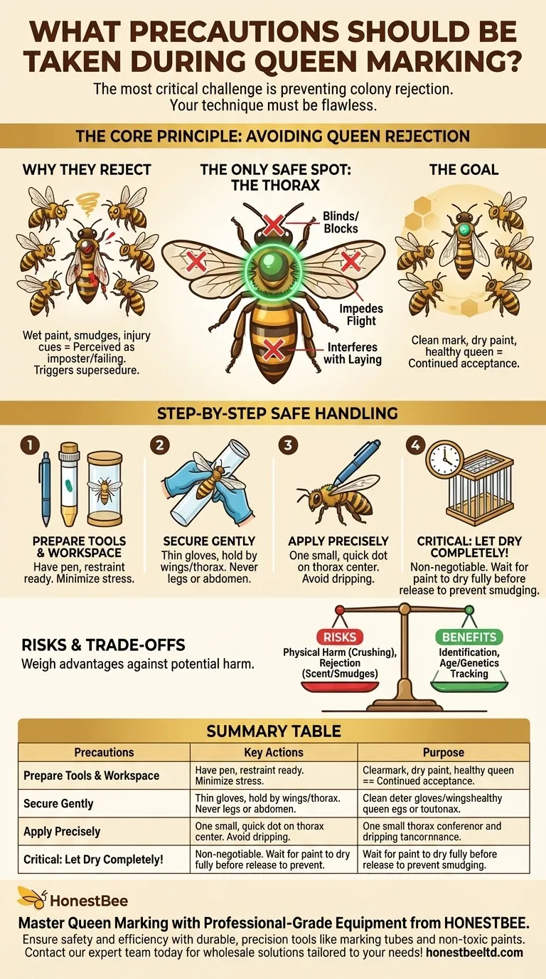 What precautions should be taken during queen marking? Ensure Colony Acceptance and Queen Safety Visual Guide