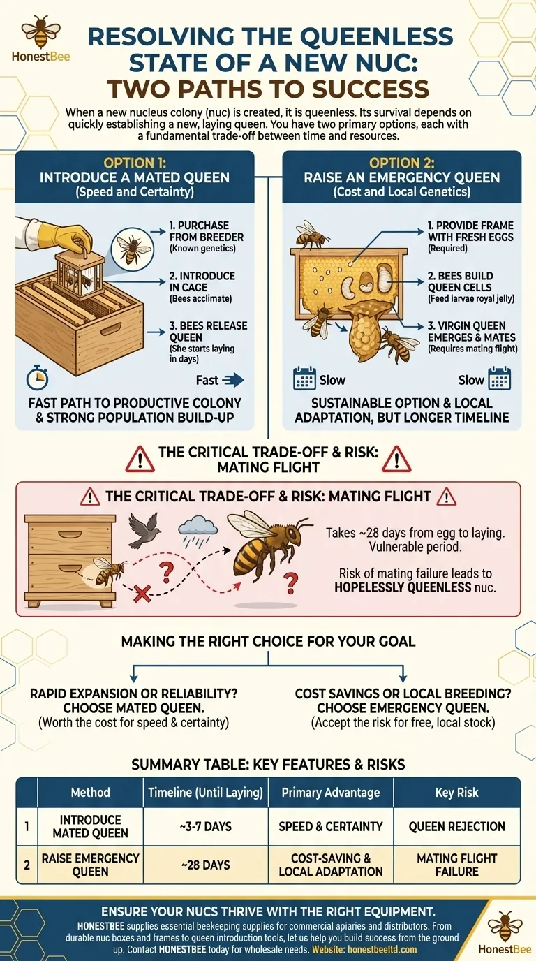 새로 만든 소군(nuc)의 여왕 없는 상태를 어떻게 해결할 수 있을까요? 번성하는 벌통을 위한 올바른 경로를 선택하세요. 시각적 가이드