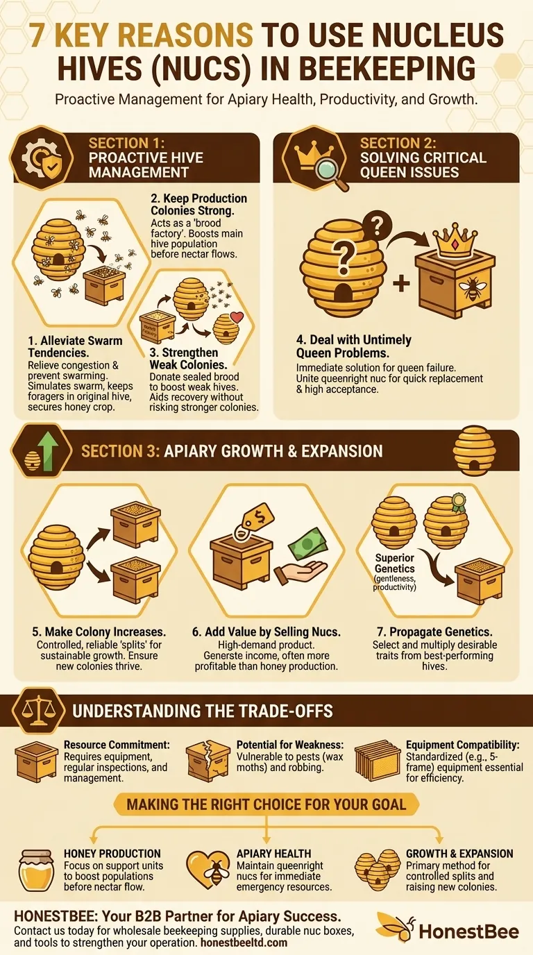 양봉에서 사람들이 핵군(nucs)을 사용하는 가장 일반적인 일곱 가지 이유는 무엇인가요? 양봉장 건강 및 생산성 향상 시각적 가이드