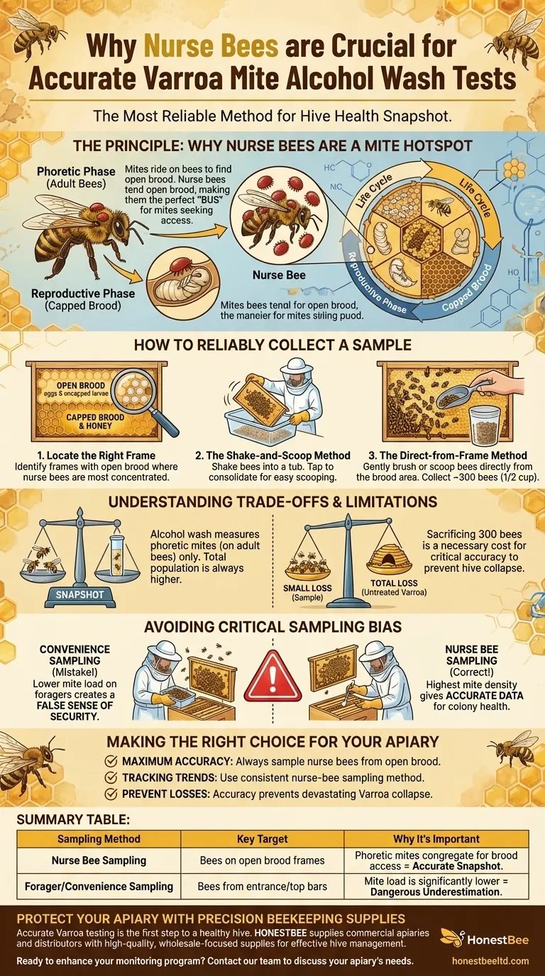 Why is it important to select nurse bees for an alcohol wash test? Ensure Accurate Varroa Mite Monitoring Visual Guide