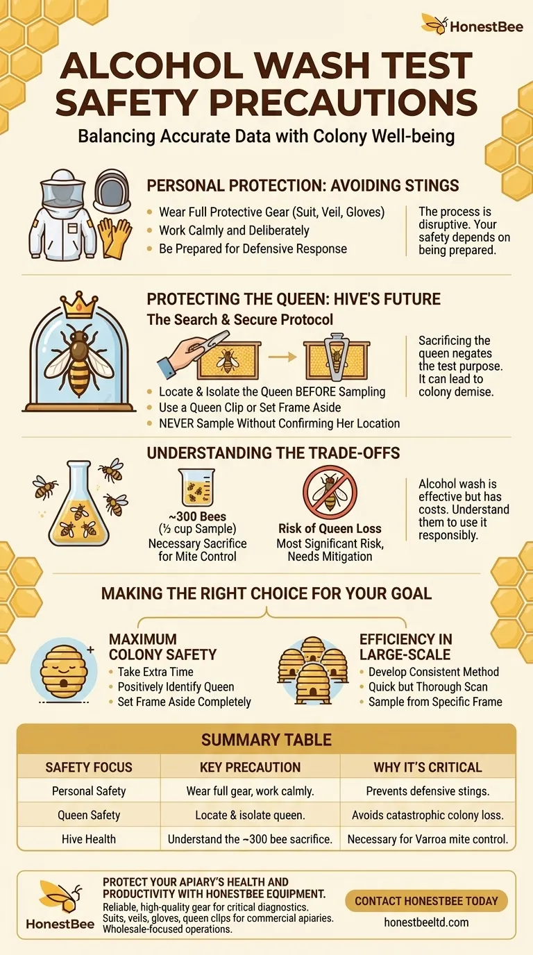 What safety precautions should be taken when performing an alcohol wash test? Protect Your Hive and Yourself Visual Guide