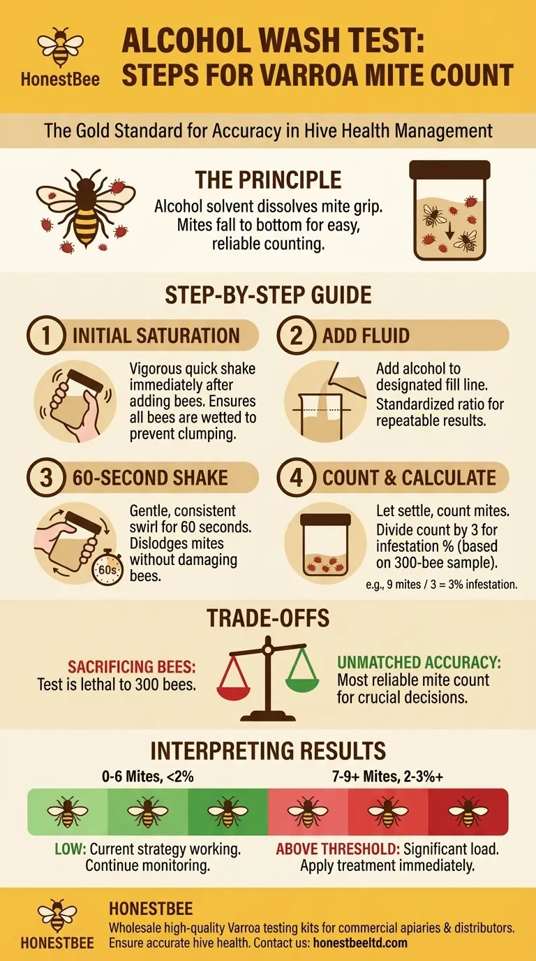 What are the steps to perform an alcohol wash test after collecting the bees? A Guide to Accurate Varroa Mite Counting Visual Guide