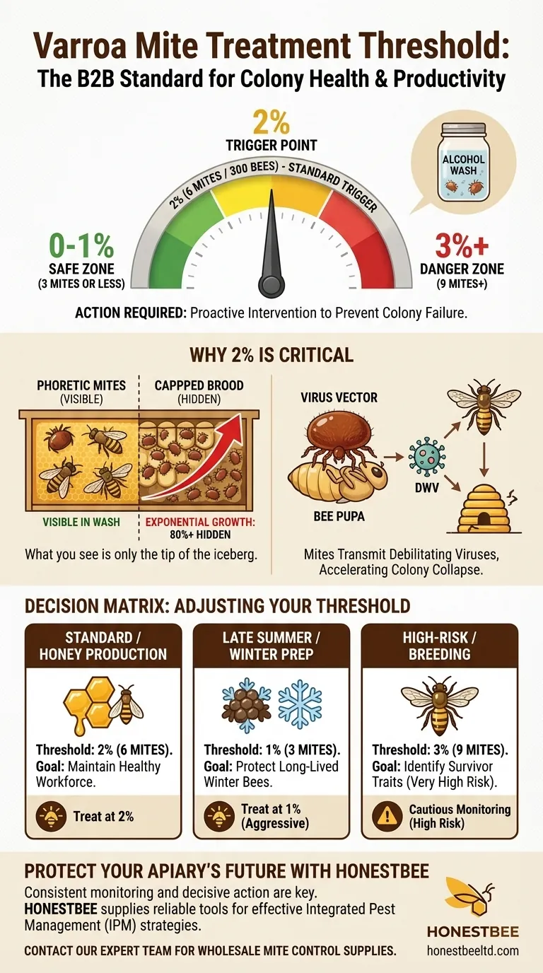 What is the recommended mite treatment threshold based on alcohol wash results? A 2% Infestation is the Critical Trigger Visual Guide