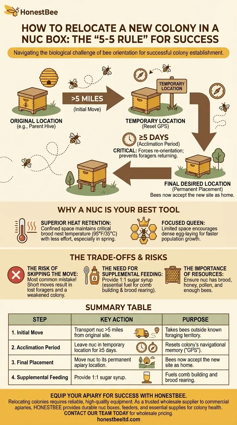 How should a beekeeper relocate a new colony in a nuc box? Master the 5-5 Rule for Success Visual Guide