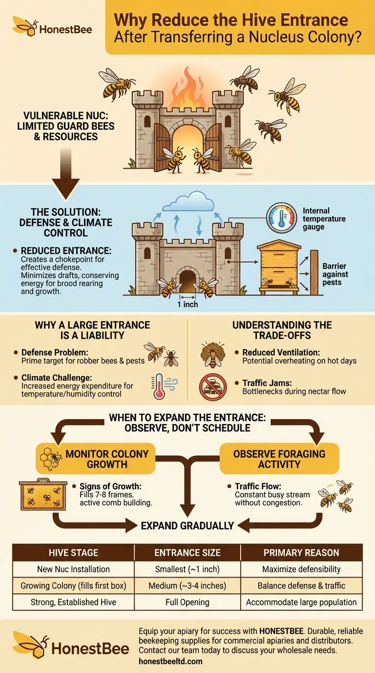 Why should the hive entrance be reduced after transferring a nucleus colony? Essential Protection for New Hives Visual Guide