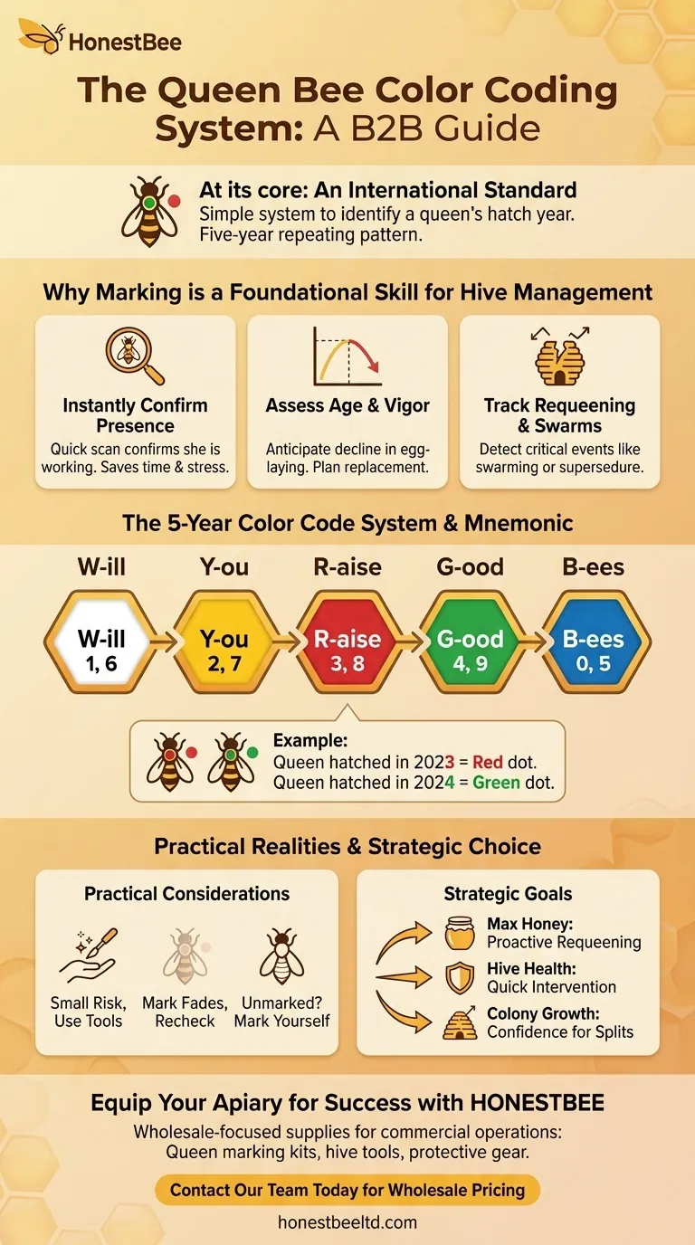 How does the color coding system for queen bees work? Master Hive Management with the 5-Year Cycle Visual Guide