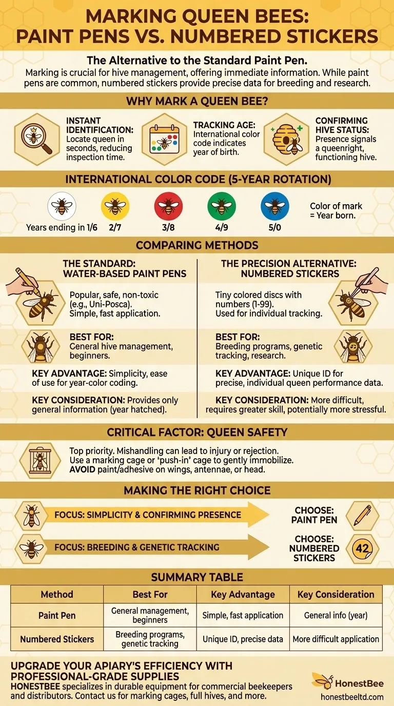 What is an alternative to using a paint pen for marking queen bees? Precision ID with Numbered Stickers Visual Guide