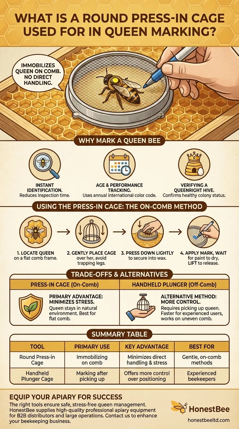 What is a round press-in cage used for in queen marking? A Gentle, On-Comb Marking Method Visual Guide