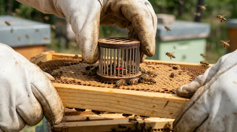 What is a round press-in cage used for in queen marking? A Gentle, On-Comb Marking Method