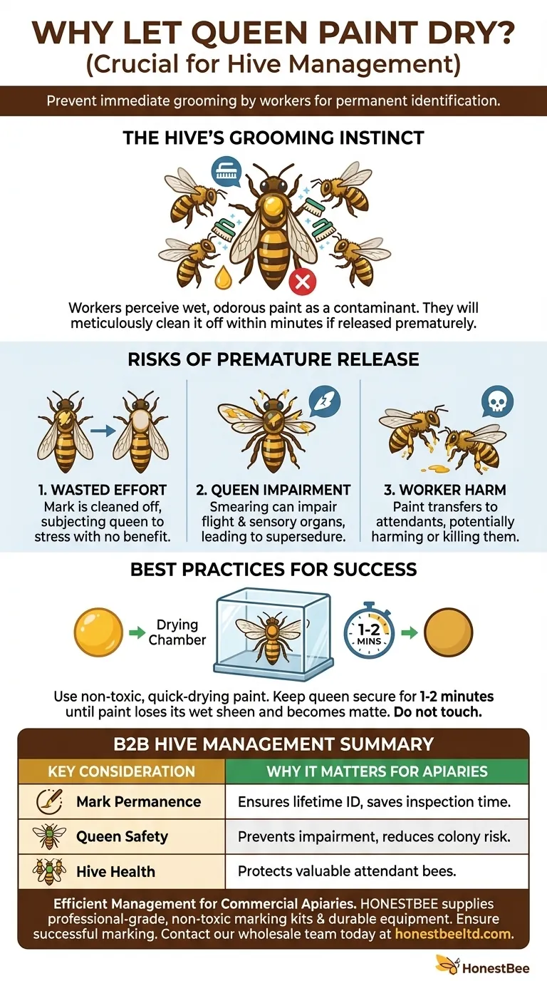 Why is it important to let the paint dry before releasing the queen? Ensure a Permanent, Safe Mark Visual Guide
