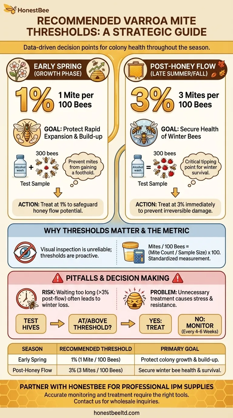 What are the recommended Varroa mite thresholds? Master Seasonal Treatment for Healthy Hives Visual Guide