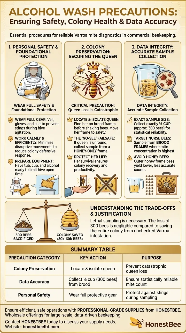 What precautions should be taken during an alcohol wash? Protect Your Queen and Get Accurate Mite Counts Visual Guide
