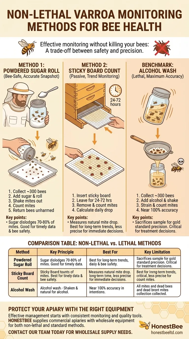 What are alternative monitoring methods that do not kill bees? Protect Your Hive with Bee-Safe Varroa Checks Visual Guide