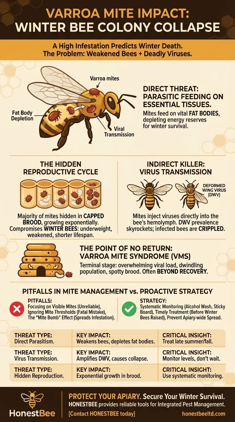 What is the impact of Varroa mite infestation on winter bee colonies? Prevent Dead-Out Hives with Proactive Management Visual Guide