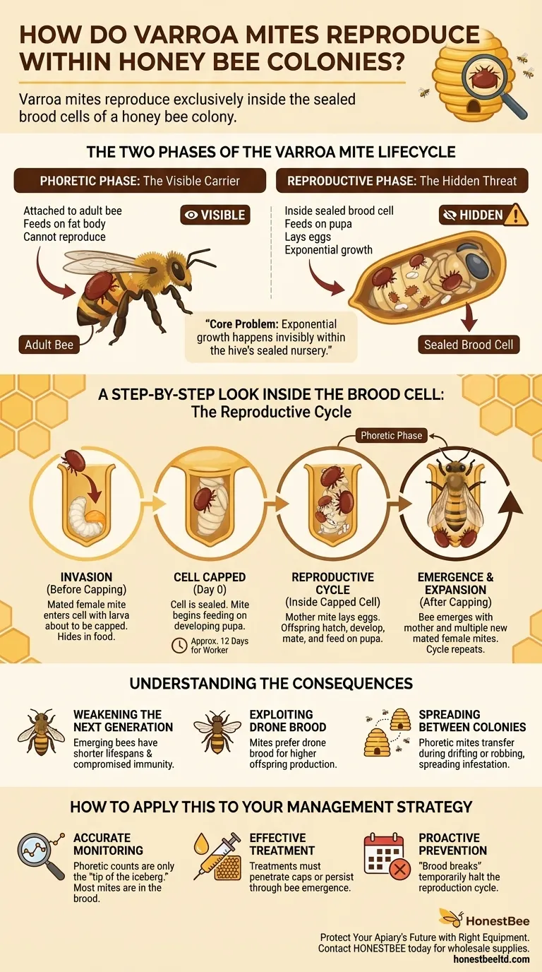 How do Varroa mites reproduce within honey bee colonies? Uncover the Hidden Threat to Your Hives Visual Guide