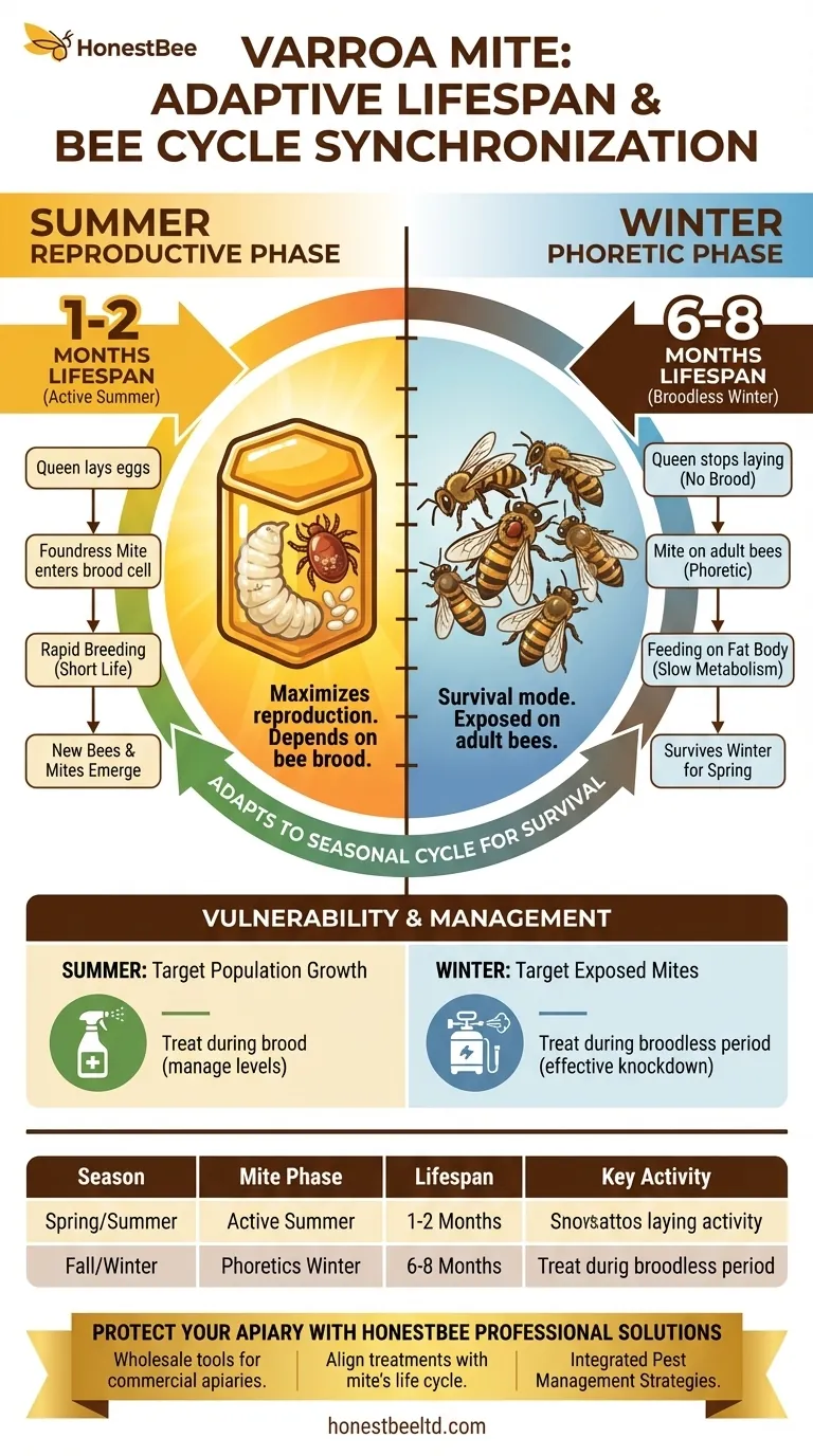 What is the lifespan of Varroa mites, and how does it adapt to bee life cycles? Master Seasonal Control Visual Guide