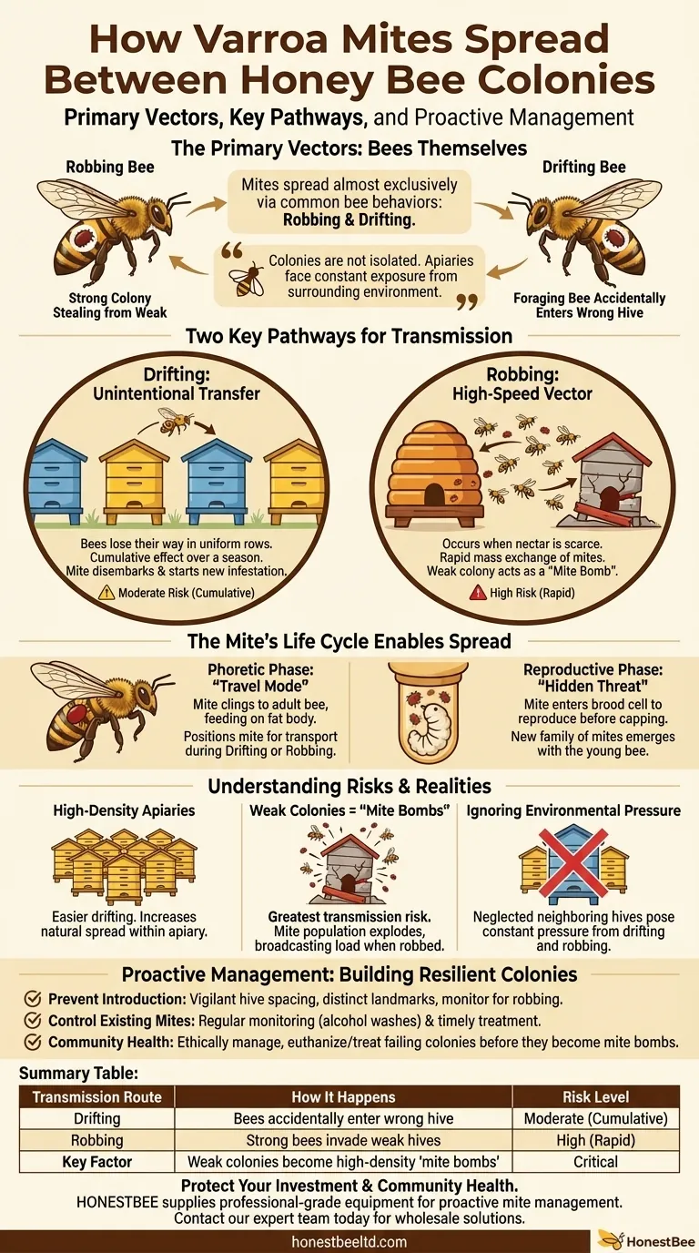 How do Varroa mites spread between honey bee colonies? Stop Mite Transmission in Your Apiary Visual Guide