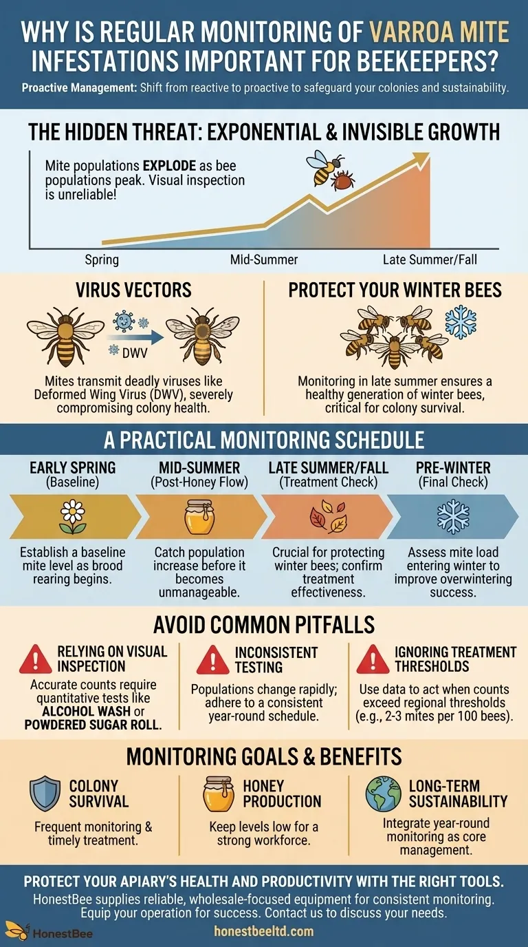 Why is regular monitoring of Varroa mite infestations important for beekeepers? Shift to Proactive Hive Management Visual Guide