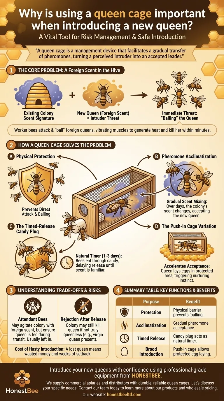 Why is using a queen cage important when introducing a new queen? Ensure Safe Queen Acceptance Visual Guide