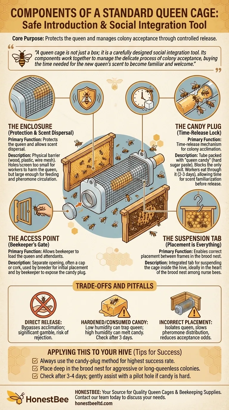 What are the components of a standard queen cage? A Guide to Safe Queen Introduction Visual Guide
