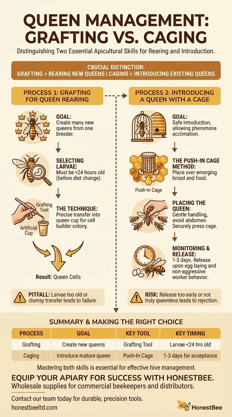 What is the process for grafting and attaching a queen to a cage? Master Queen Rearing & Introduction Visual Guide