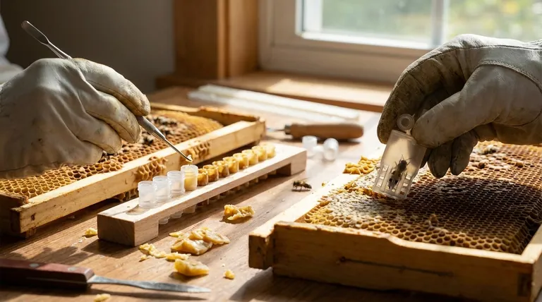 What is the process for grafting and attaching a queen to a cage? Master Queen Rearing & Introduction