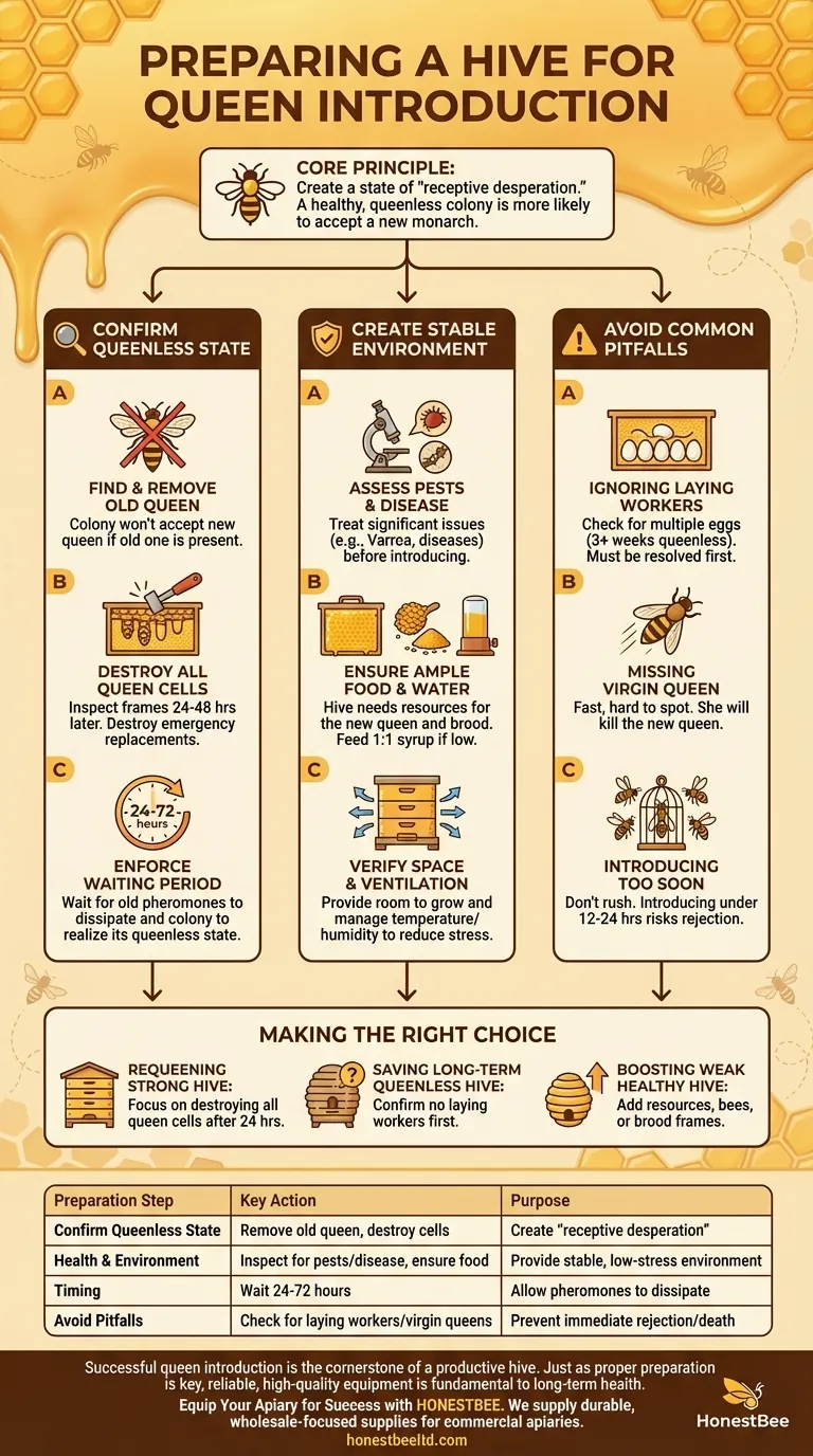 How should a hive be prepared before queen introduction? Ensure Acceptance for a Thriving Colony Visual Guide