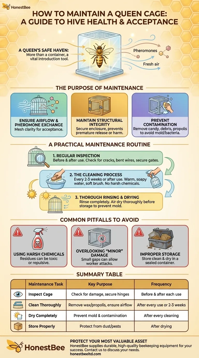 How should a queen cage be maintained over time? Ensure Queen Introduction Success Visual Guide