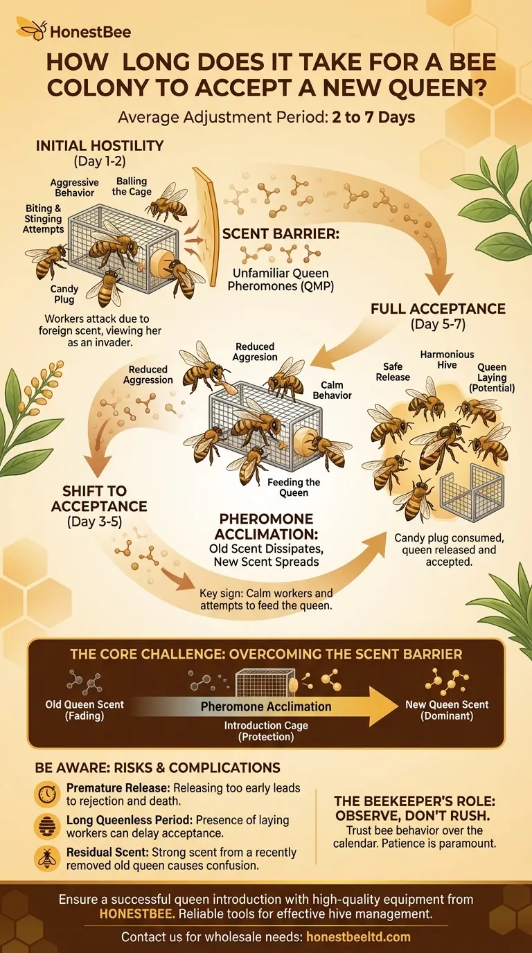 كم من الوقت يستغرق النحل عادة للتكيف مع ملكة جديدة؟ إتقان نافذة القبول من 2 إلى 7 أيام دليل مرئي