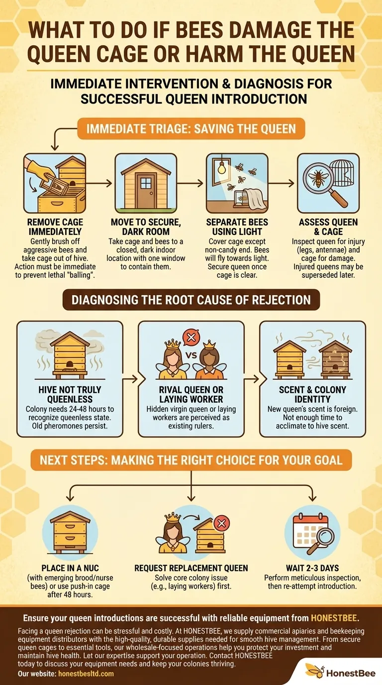 What should be done if bees damage the queen cage or harm the queen? Rescue Your Queen and Save Your Hive Visual Guide