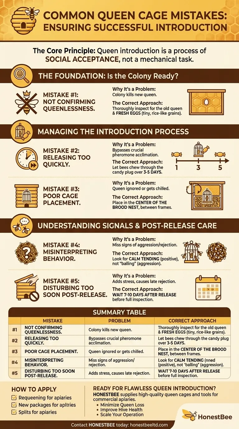 What are common mistakes to avoid when using queen cages? Ensure Successful Queen Introduction Visual Guide