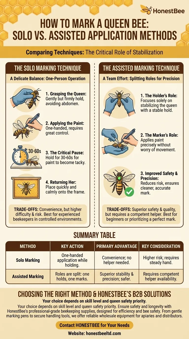 Como a tinta é aplicada ao marcar uma abelha rainha sozinha versus com ajuda? Alcance a Marcação Perfeita da Rainha com Segurança Guia Visual