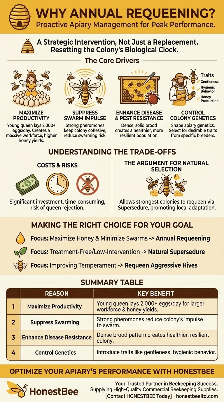 Why do most beekeepers requeen their colonies annually? A Guide to Maximizing Hive Health and Honey Yields Visual Guide